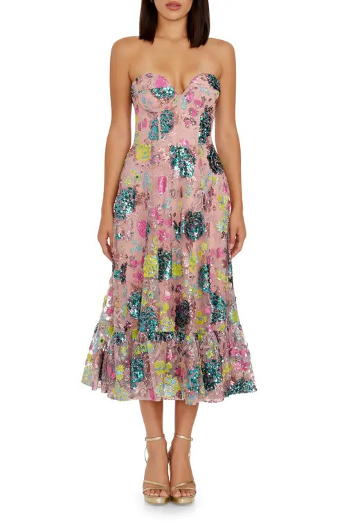 Dress the Population Carina Sequin Appliqué Midi Dress in Blush Multi at Nordstrom, Size Small | Nordstrom