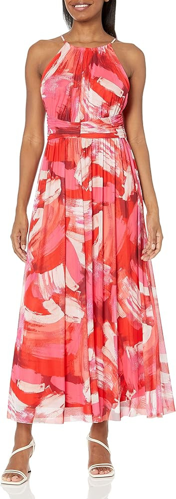 London Times Women's Mesh Halter Maxi with Ruched Waistband Event Guest of Occasion Garden Party | Amazon (US)