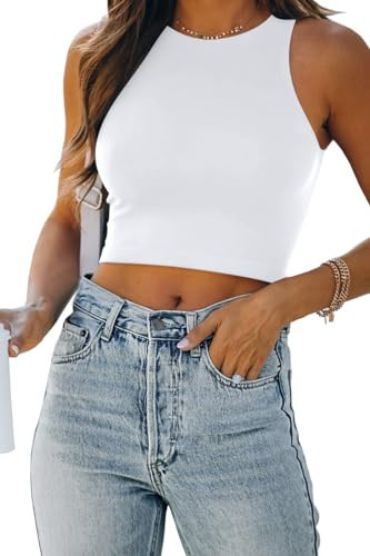 EFAN Womens Sexy Sleeveless Double Lined Crop Tops Workout Cute Tight Racerback Tank Tops Summer Clothes Teen Girls 2025 White XXS | Amazon (US)