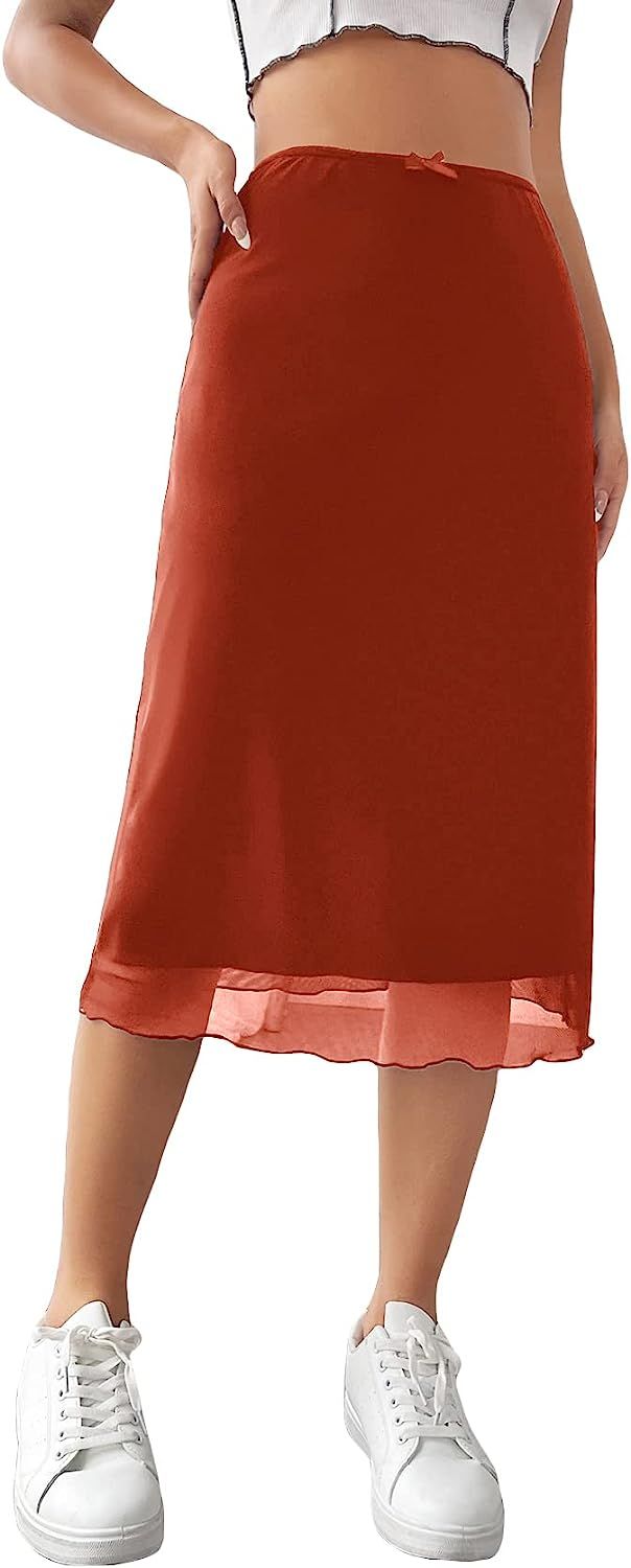 SheIn Women's Mesh A Line Midi Skirt Semi Sheer High Waisted Skirts | Amazon (US)