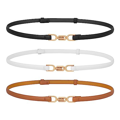 TRIWORKS 3 Pack Women Skinny Leather Belt Adjustable Thin Waist Belts with Alloy Buckle for Dresses Black/Brown/White | Amazon (US)