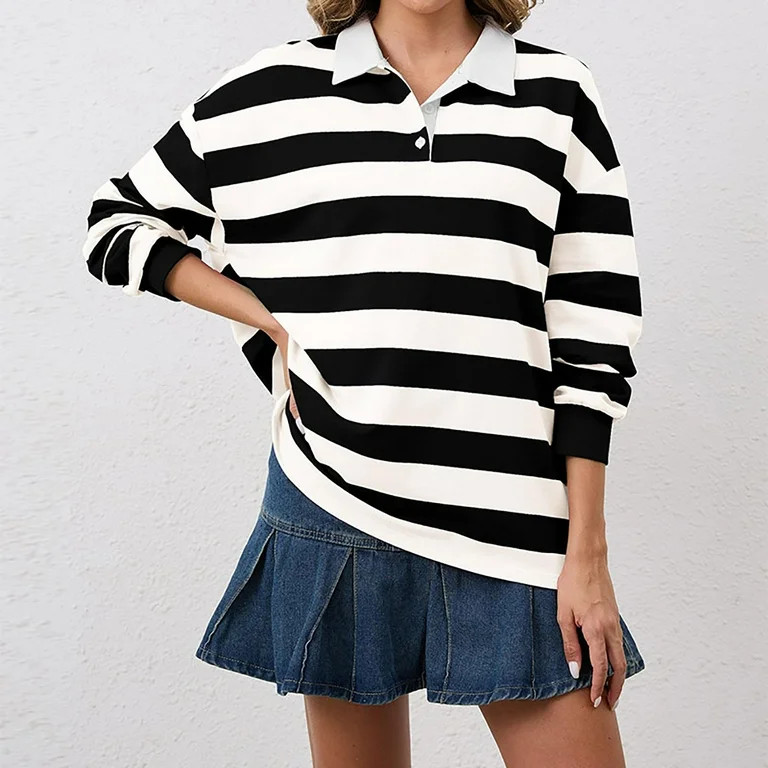 Tittly T Shirts for Women V Neck T Shirts for Women Women's Oversized Striped Sweatshirt Long Sle... | Walmart (US)