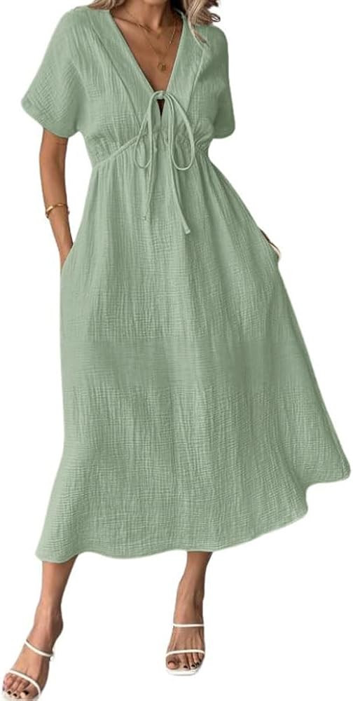 chouyatou Women's Summer Boho V-Neck Cotton Tunic Dress Casual Loose Short Sleeve Midi Long Beach... | Amazon (US)