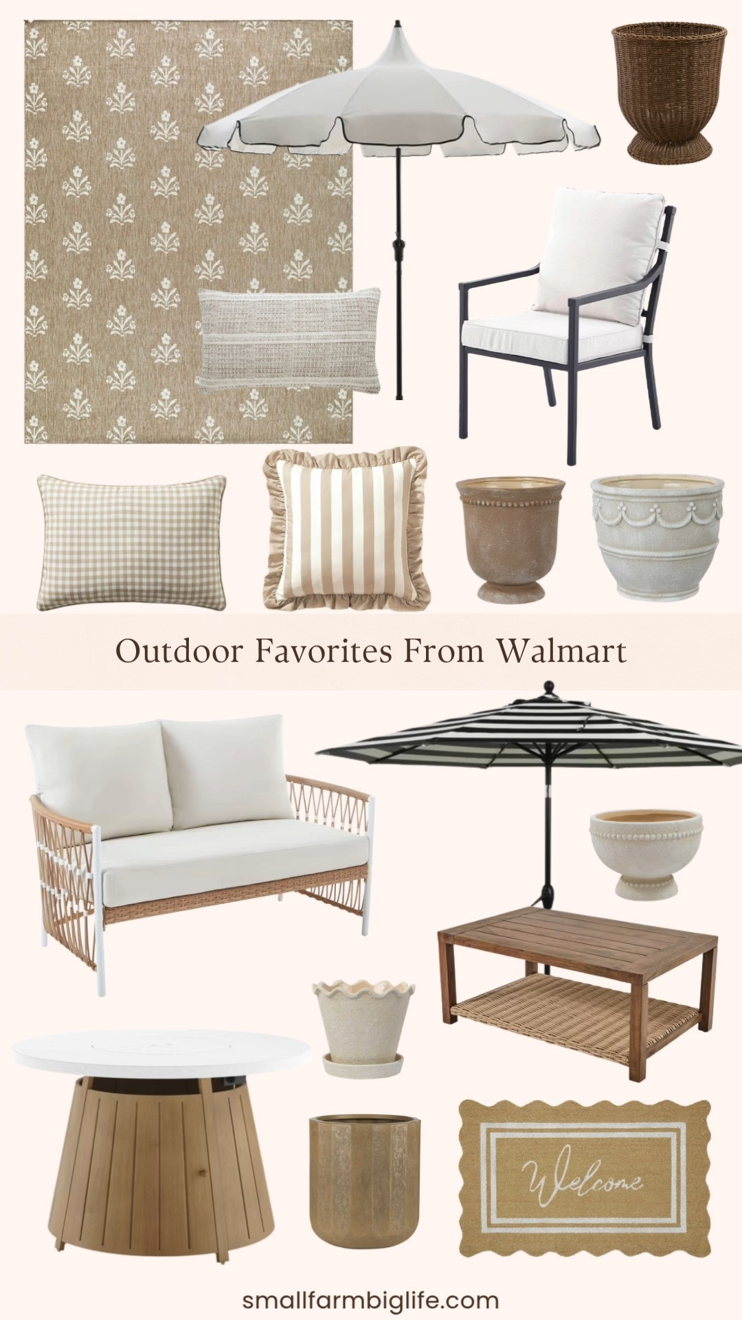 Walmart Deals is live and outdoor furniture and decor is one of the best categories to shop this sale. This round up is full of My Texas House and Better Homes and Gardens pieces that are on sale right now and would completely transform a patio or backyard space. I love the round market umbrella options in white and stripe for easy outdoor shade, and the gas fire table is such a statement piece for evening entertaining. The wicker loveseat and coffee table make a beautiful outdoor seating set and the dining chairs are a great addition for a patio table. The ceramic and woven resin planters in cream and brown add such pretty texture and the outdoor pillows in gingham, cabana stripe, and chunky plaid pull the whole look together. Tap to shop before the sale ends! 

 #LTKSeasonal #LTKHome #LTKSaleAlert
