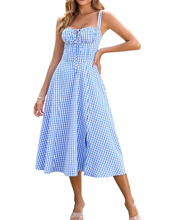 Floral Midi Corset Dress Boho Flowy Slit Lace Up Dresses for Women Going Out A Line Casual Sundre... | Amazon (US)