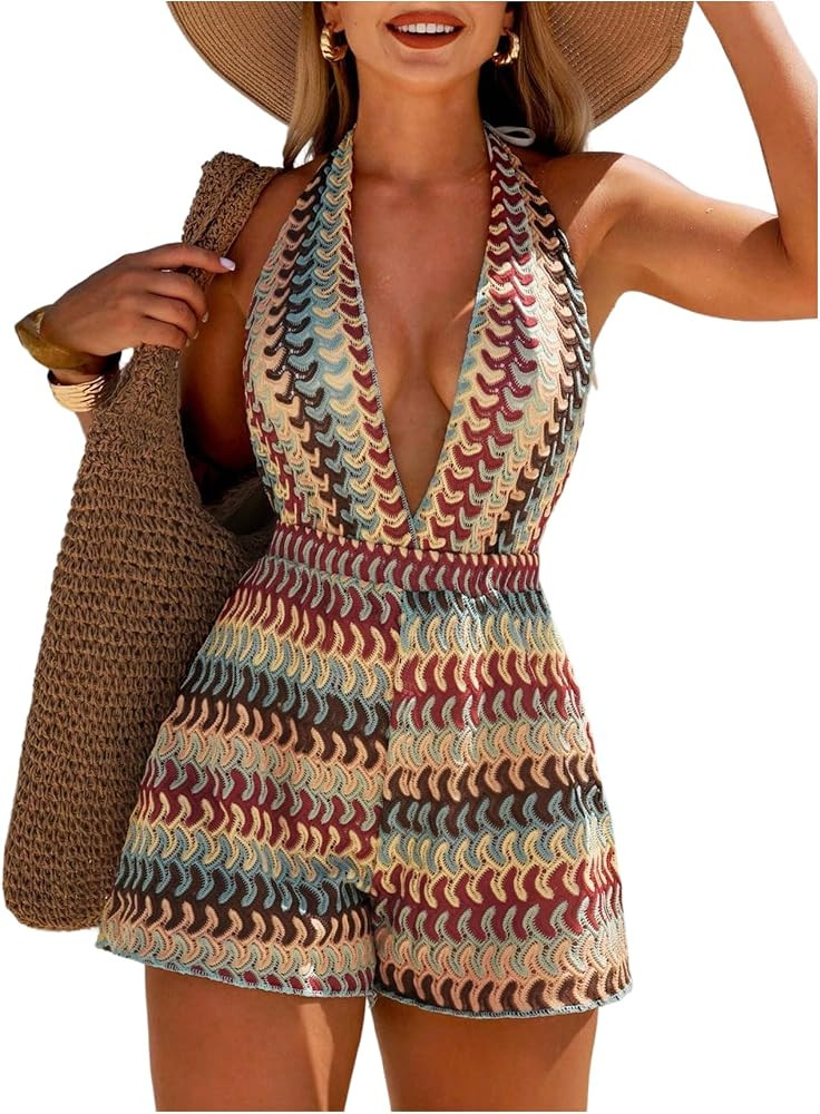 OYOANGLE Women's Deep V Neck Halter Swimsuit Coverup Herringbone Beach Romper Sleeveless Overalls | Amazon (US)
