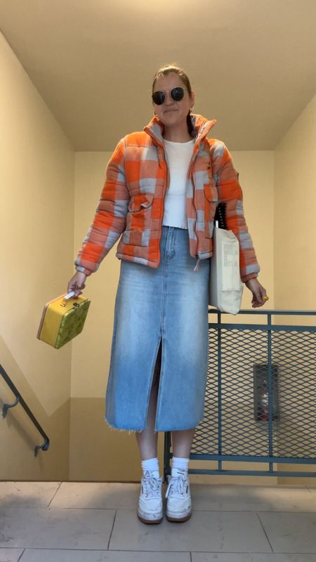 bdg urban outfitters orange and blue flannel puffer jacket, fall / winter fashion, outfit inspo, asos New Look long sleeve lettuce edge T-shirt in white, budget friendly, affordable, denim midi skirt, slit skirt, rayban round sunglasses, gold jewelry from Amazon (hoop earrings, rings), casual outfit, work outfit, office outfit, Reebok Club C Extra Sneakers, comfy shoes, harry styles pleasing canvas tote bag, lunch box from Amazon, Amazon essentials women’s casual crew socks, white socks

#LTKfindsunder100 #LTKfindsunder50 #LTKstyletip