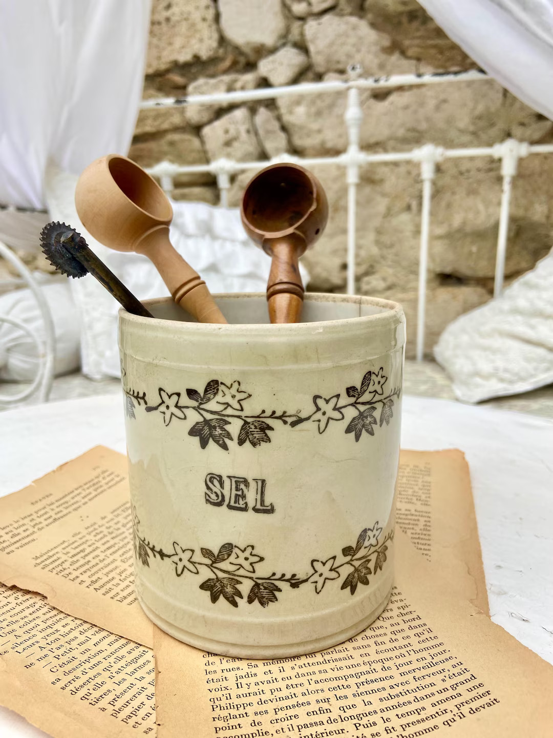 Antique French St Uze Salt Pot, Brown Florals, for Kitchen Utensils, Saint Uze Terre D'acier From... | Etsy (US)