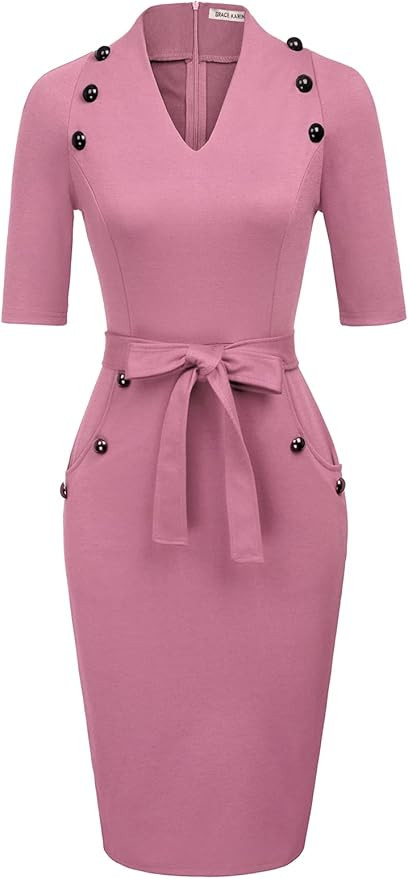 Women Vintage Short Sleeve Slim Fit Belted Business Pencil Dress | Amazon (US)