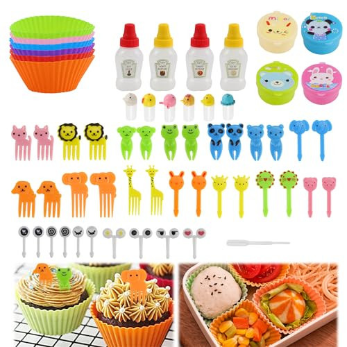 Abnaok 61PCS Silicone Lunch Box Dividers Bento Box Accessories Silicone Cupcake Liners, Lunch Box Accessories Including Food Picks Mini Condiment Bottles for Lunch Containers Accessories | Amazon (US)