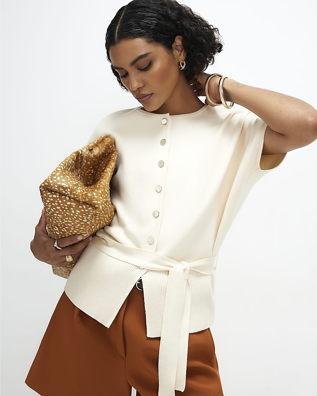 Cream Cinched Waist Belted Cardigan Top | River Island UK & IE