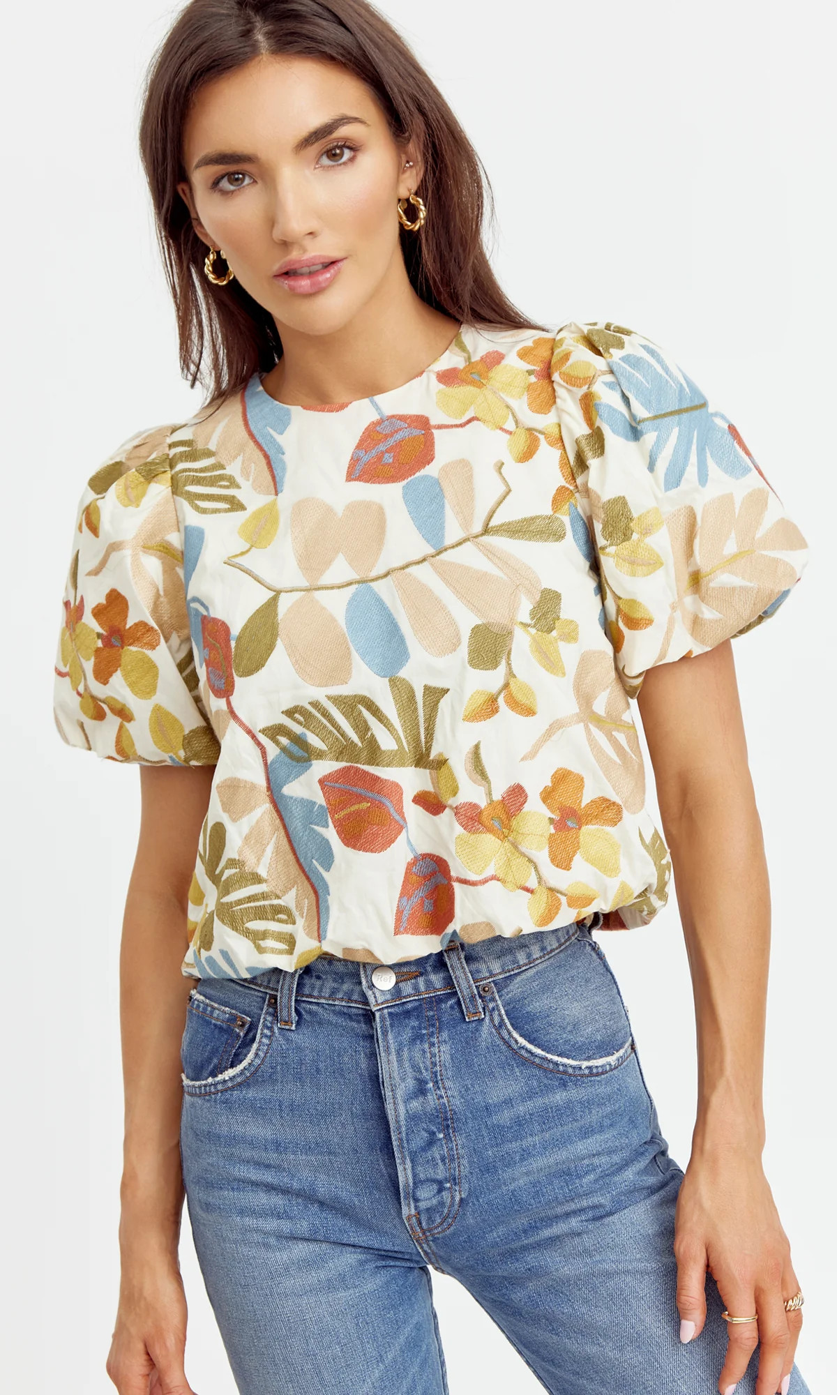 Viola Puff Sleeve Embroidered Top XS / NEUTRAL MULTI | Greylin Collection | Women's Luxury Fashion Clothing 