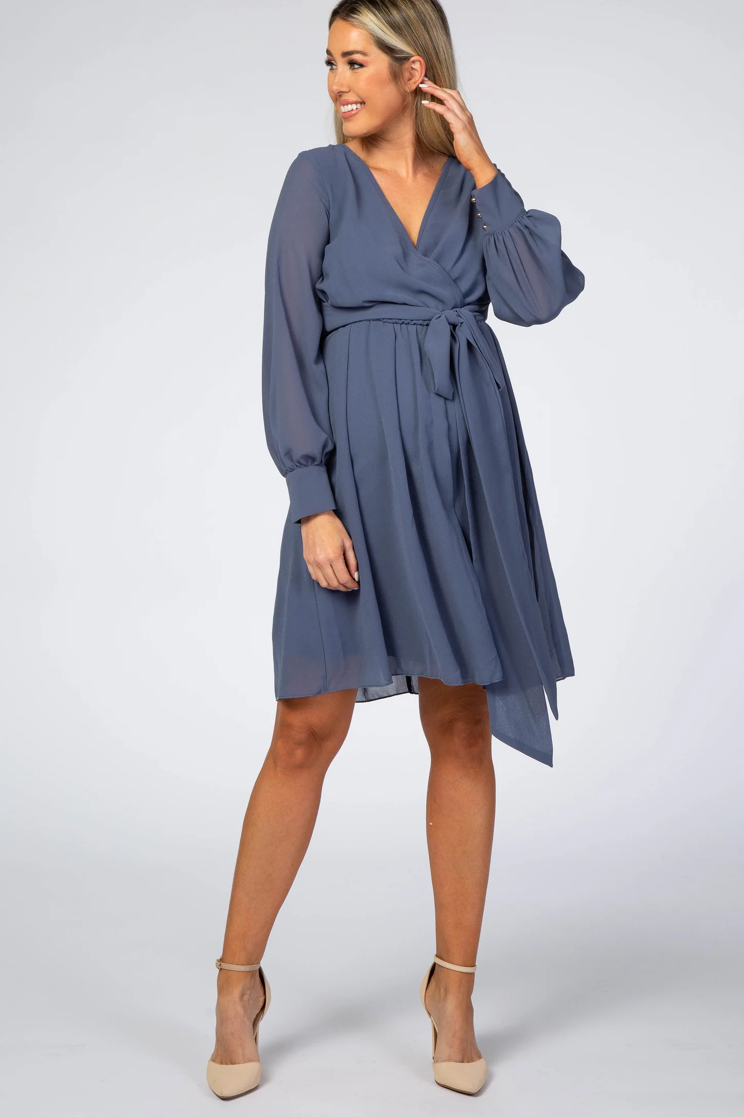 Dusty Blue Chiffon Maternity Wrap Dress | PinkBlush Maternity