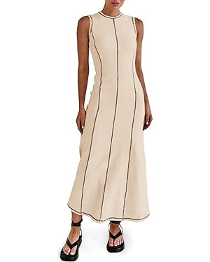 Wenrine Womens Sleeveless T Shirt Dress Summer Contrast Stitch Ribbed Knit Tank Maxi Dresses | Amazon (US)