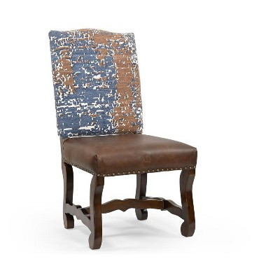 HomeRoots Set of Two Blue And Brown Solid Wood Upholstered Chenille And Leather Dining Side Chairs | Target