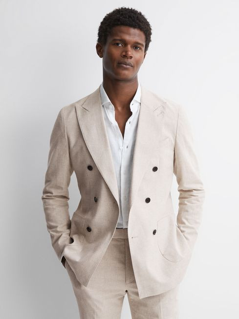 Reiss Oatmeal Craft Double Breasted Cotton-Linen Check Blazer | Reiss UK