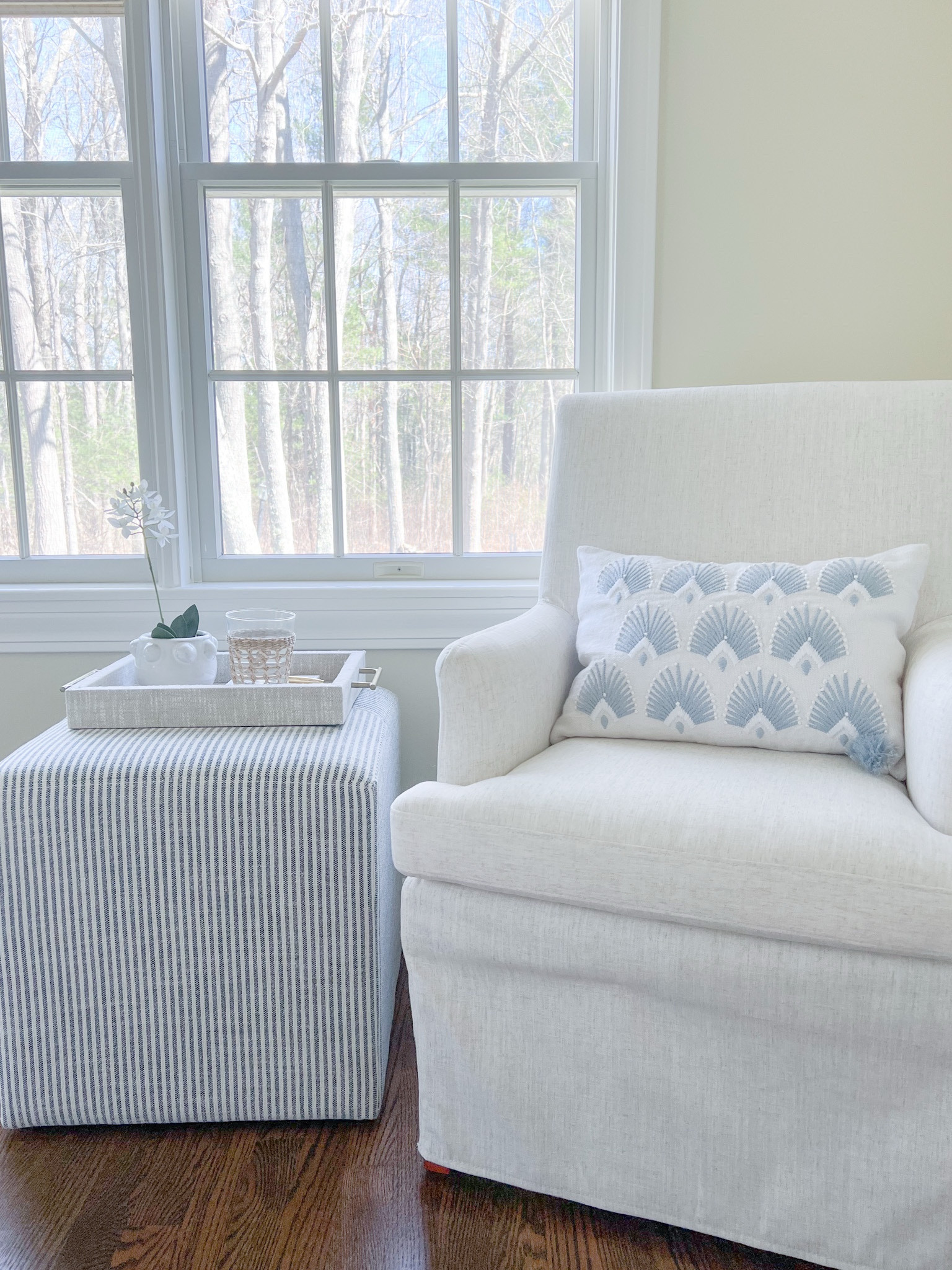 Small, but cozy sitting area in my guest room! This striped cube is affordable & so versatile - use as a little side table, ottoman, or as extra seating when you have guests!
- 
Target home decor, target deals, bedroom furniture, coastal bedroom decor, bedroom seating, target cubes, side tables, upholstered dining chair, white chairs, target accent chairs, living room furniture, coastal home decor, target sale, linen tray, lily, planter, pot, coastal home decor, bedroom decor, beach house decor, bedroom accent chair

#LTKHome #LTKFindsUnder100