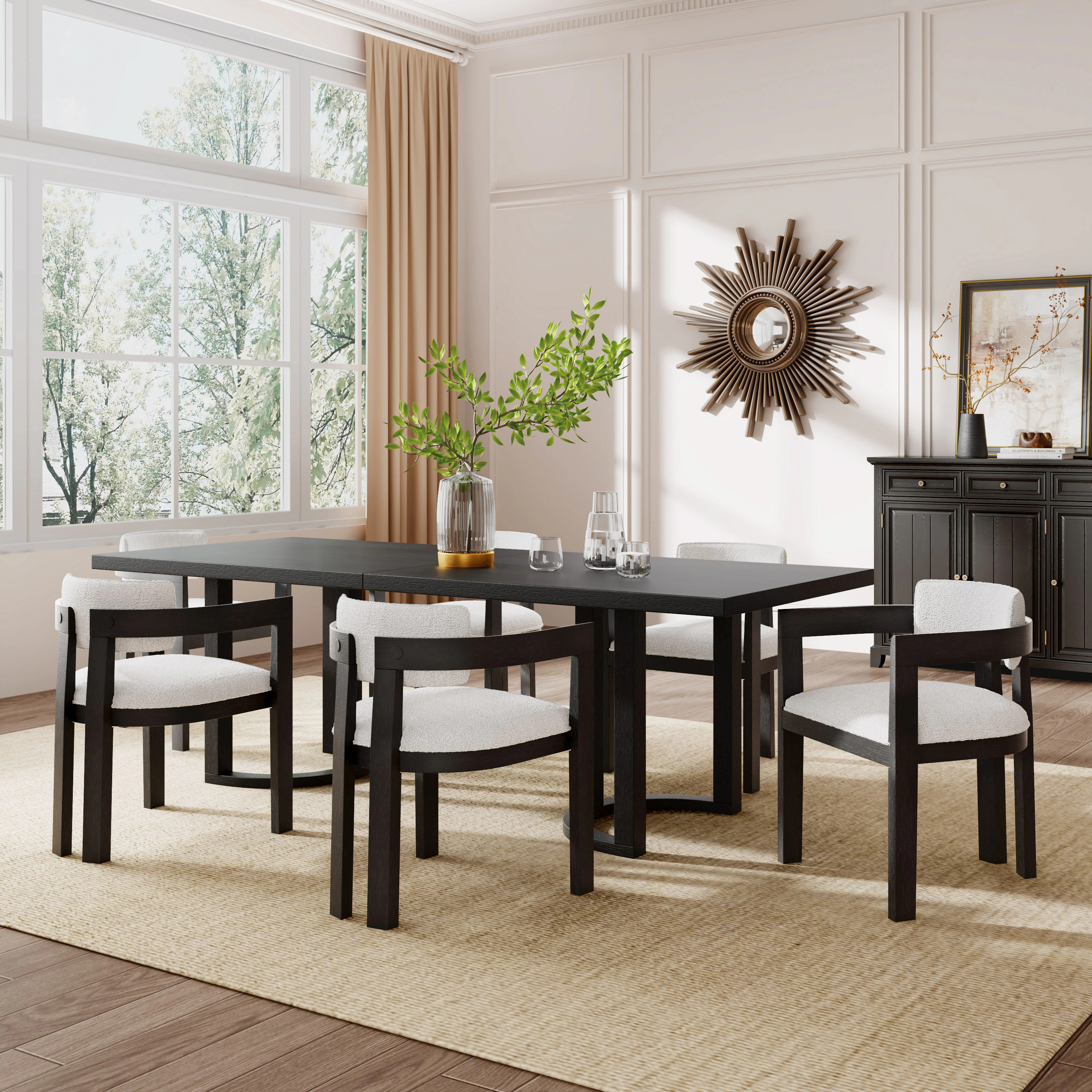 Christopher Knight Home Modern 7 Piece Rubber Wood Dining Set with Upholstered Armrest Chairs and Rectangular U Shaped Trestle Leg Table Beige and | Lowe's