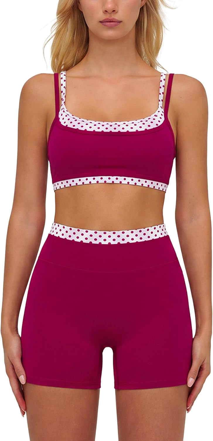 ABOCIW Layered Workout Sets for Women 2 Piece Polka Dot Sports Bra High Waist Shorts Gym Active Yoga Pilates Outfits | Amazon (US)