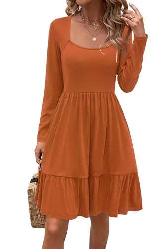 Newshows Womens 2025 Fall Dress Long Sleeve Square Neck Work Casual Vacation Outfits A-Line Boho Sundress with Pockets(0 Orange,S) | Amazon (US)