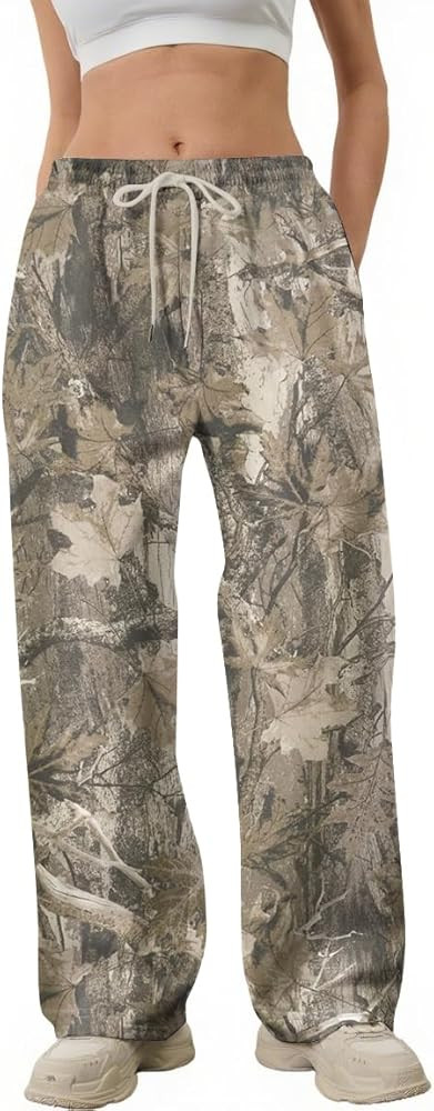 Camo Pants Women Baggy Fleece Y2K Camouflage Cargo Pants High Waisted Wide Leg Drawstring Jogger ... | Amazon (US)
