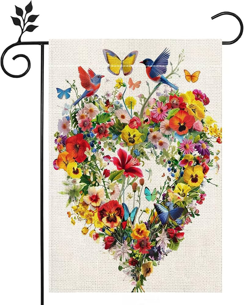 Spring Summer Birds Flowers Butterflies Garden Flag for Outside, Colorful Floral Love Hearts Outd... | Amazon (US)