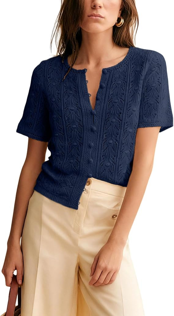 Bianstore Womens Casual Short Sleeve Crochet Knit Cardigans Lightweight Button Down Hollow Out Sw... | Amazon (US)