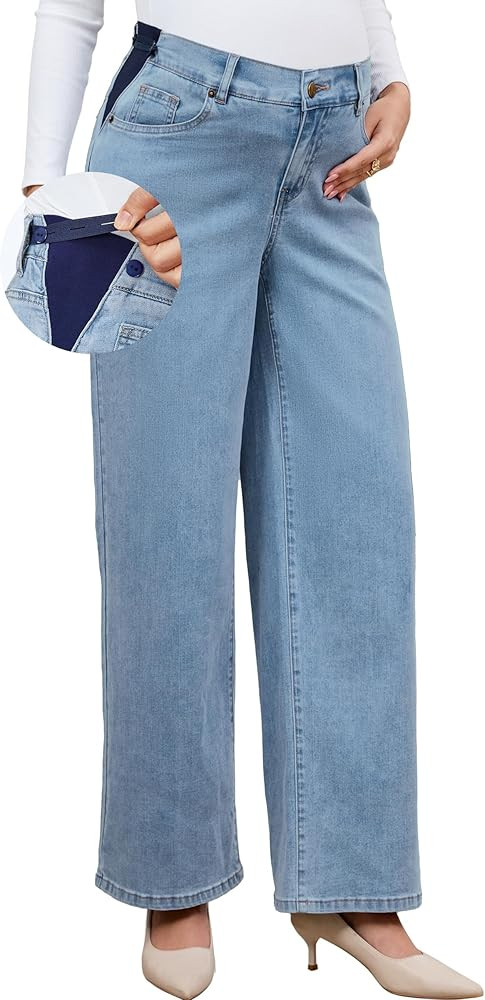 OUGES Womens Adjustable Waistband Cotton Blend Stretchy Maternity Jeans Loose Fit Straight Leg De... | Amazon (US)
