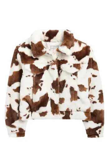 Tractr Kids' Cow Print Faux Fur Trucker Jacket in Ivory Brown Cow at Nordstrom Rack, Size X-Large | Nordstrom Rack