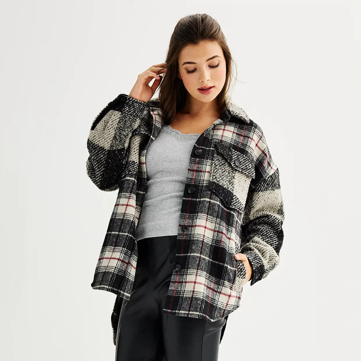 Juniors' SO® Oversized Plaid Shacket | Kohl's