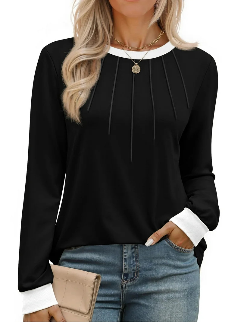 Fantaslook Women Blouses Color Block Long Sleeve Shirts Pleated Fall Tops Fashion Dressy Blouses | Walmart (US)