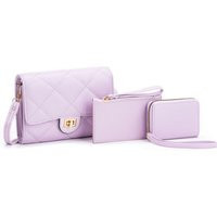 JFY Women's 3 In 1 Set Quited Check Pattern Flap Twist Lock Cross Body Bag in Purple | Debenhams UK