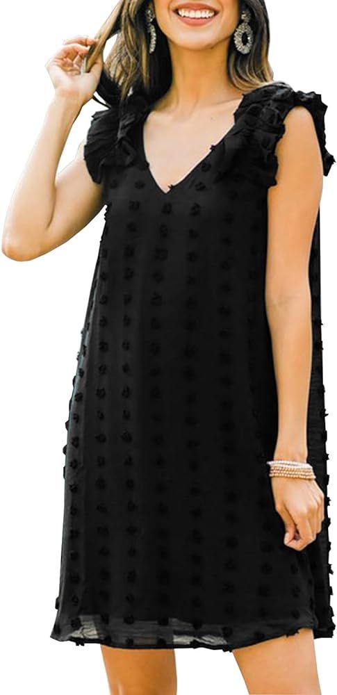 KIRUNDO Women’s Summer Sleeveless V-Neck Mini Dress Chiffon Swing Dress Swiss Dot Shift Dress Flowy  | Amazon (US)