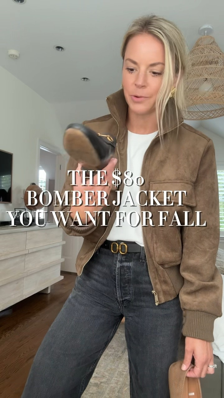 Suede bomber jacket under $100 🍂 the fit is so good and love the oversized pockets 
•small jacket, tts
•small tee, tts 
•small reversible belt 
•26R jeans,tts, I’m 5’5 (also linked similar pair I personally own) 
•Gucci mules tts. Also linked similar 

fall outfit, fall jacket