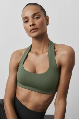 ALO Softsculpt Feel The Heat Halter Bra in Bamboo Green, Size: Small | Alo Yoga