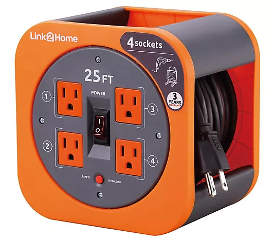 Link2Home 25' Ext Cord Reel with 4 Grounded Outlets - Orange - QVC.com | QVC