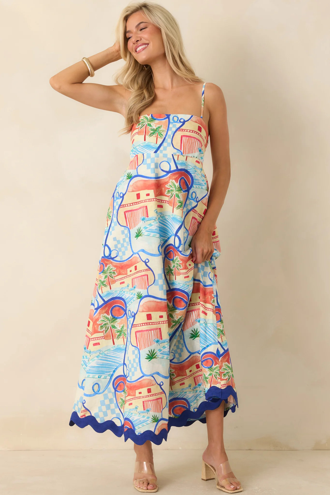 Passport to Paradise Coral Orange & Blue Poolside Print Maxi Dress | Red Dress