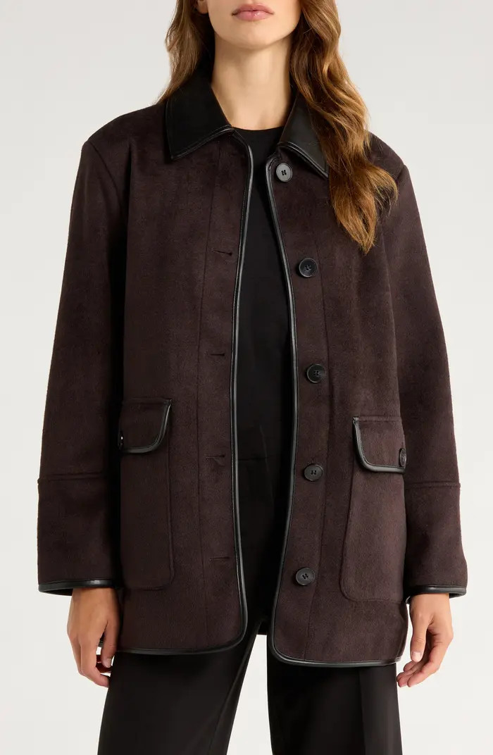 Button Front Coat with Faux Leather Trim | Nordstrom