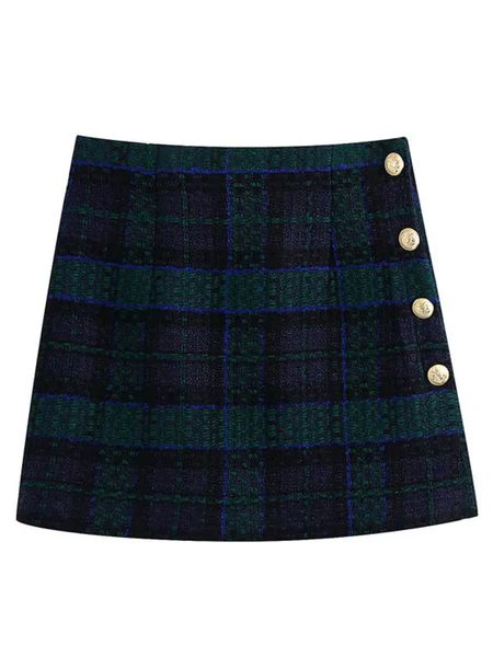 'Madelyn' Green Plaid Button Tweed Mini Skirt | Goodnight Macaroon