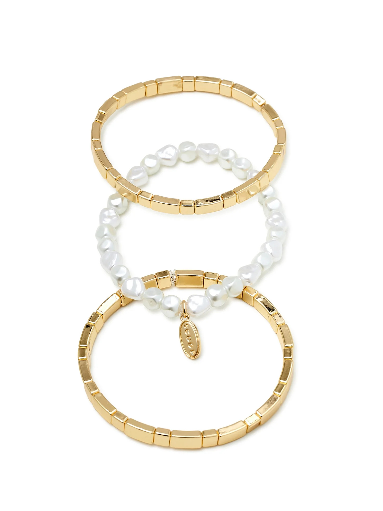 Scoop Women’s Faux Pearl and 14K Gold Flash-Plated Stretch Bracelet, 3-Piece Set | Walmart (US)