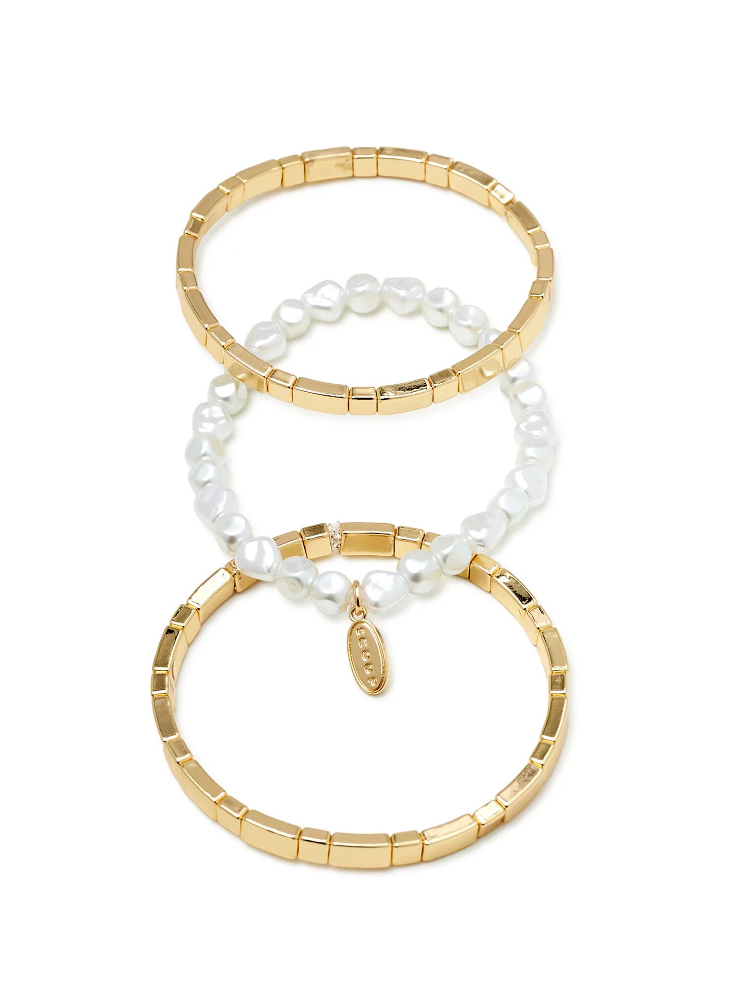 Scoop Women’s Faux Pearl and 14K Gold Flash-Plated Stretch Bracelet, 3-Piece Set - Walmart.com | Walmart (US)