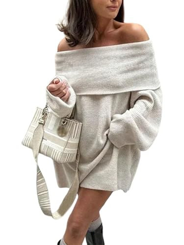 SISKIN Off The Shoulder Sweater Dress Women Slouchy Long Sleeve Fall Mini Knitwear Beige M | Amazon (US)