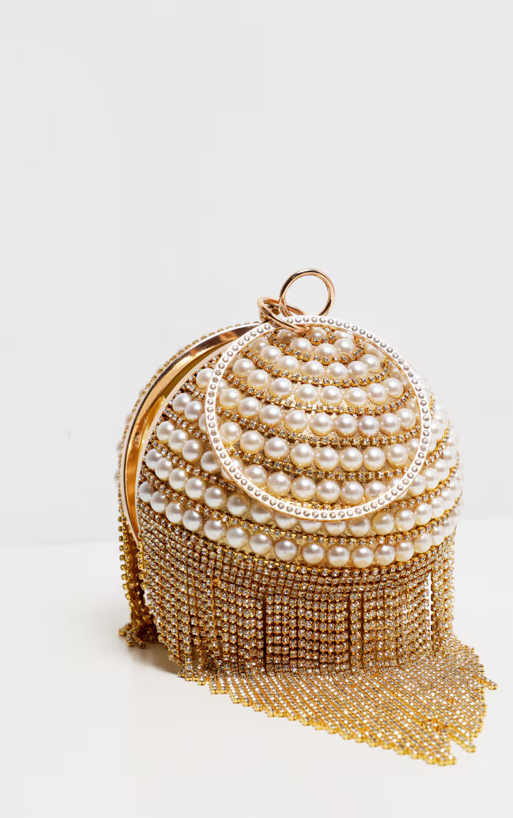 Gold Diamante And Pearl Large Sphere Bag | PrettyLittleThing US