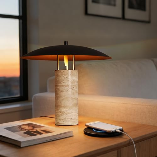 Littleglovo Large Table Lamp, Modern Travertine Bedside Lamp with Matte Black Iron Shade, Luxury ... | Amazon (US)