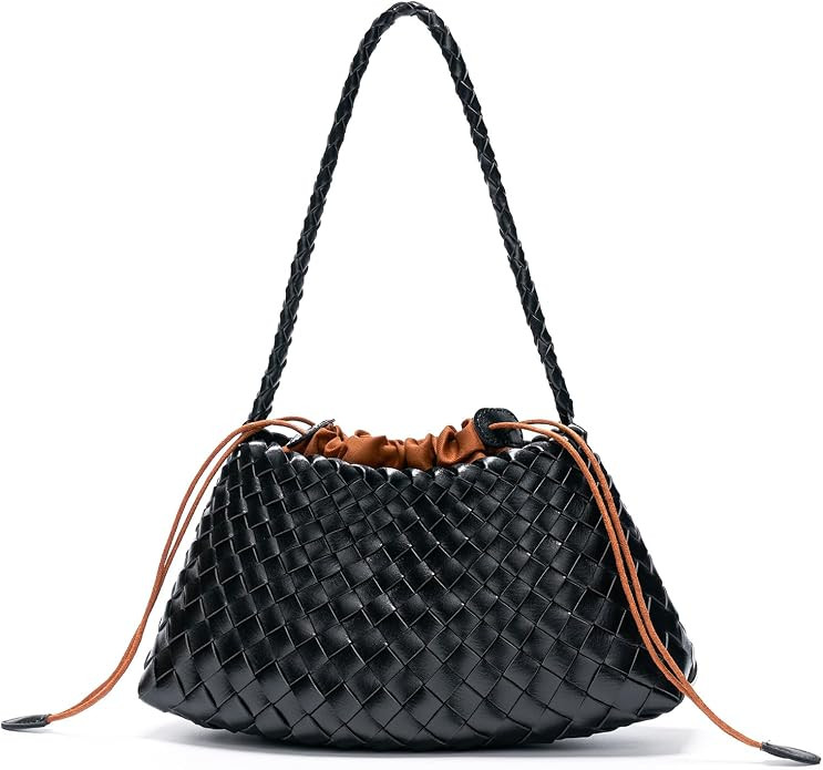 Small Woven Purse for Women, Vegan Leather Shoulder Bag, Slouchy Tote Bag with Inner Drawstring P... | Amazon (US)