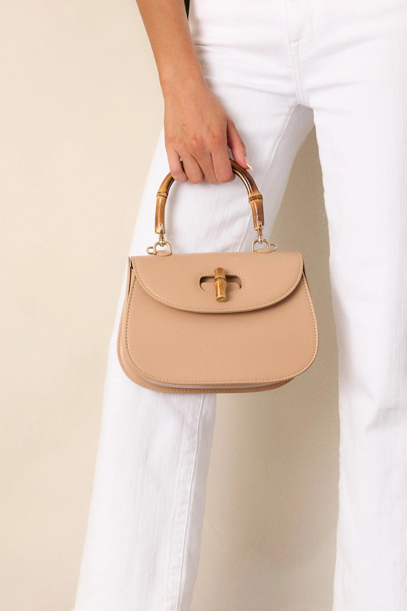 Whimsical Whirlwind Beige Bamboo Handle Handbag | Red Dress
