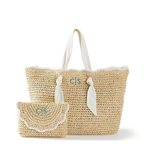 Ribbon Scalloped Raffia Tote and Clutch Set, White | Mark and Graham