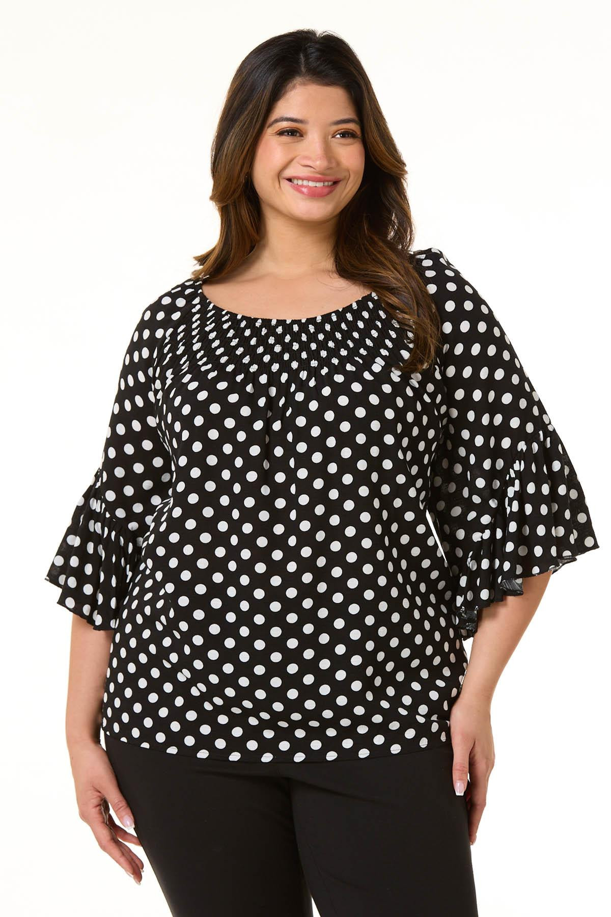Plus Size Ruffled Polka Dot Poet Top | Cato Fashions