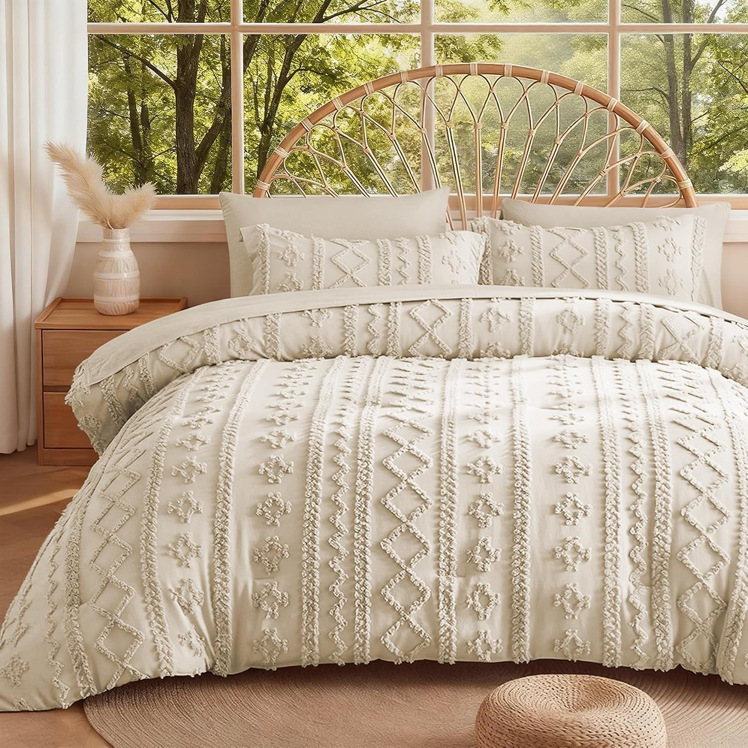 MR&HM King Size Comforter Set 7 Pieces, Farmhouse Boho Tufted Bed Set Beige | Amazon (US)