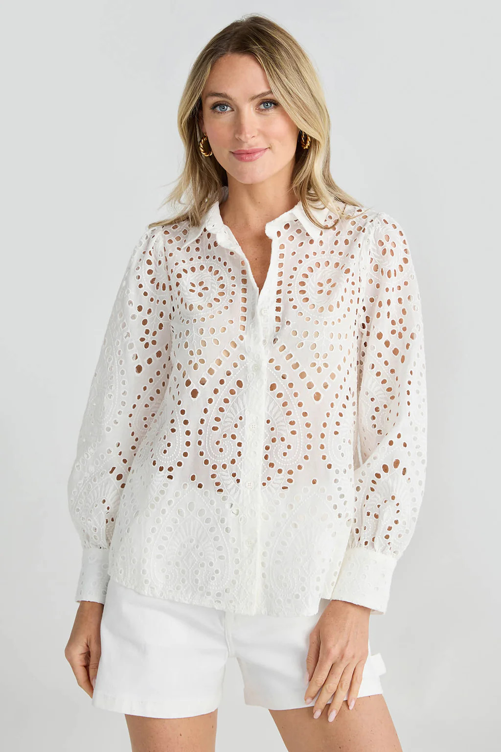 Skies Are Blue Eyelet Lace Long Sleeve Blouse | Social Threads